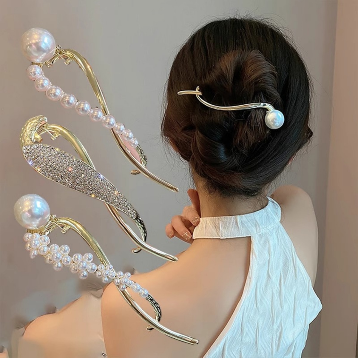 The Korean Lifestyle - Elegant Glitter ไข่มุกผมคลิปสําหรับผู้หญิงอินเทรนด์ Twisted ผมคลิปสาวแฟชั่นชีวิตประจําวันอุปกรณ์เสริมผมเครื่องประดับผม Pin